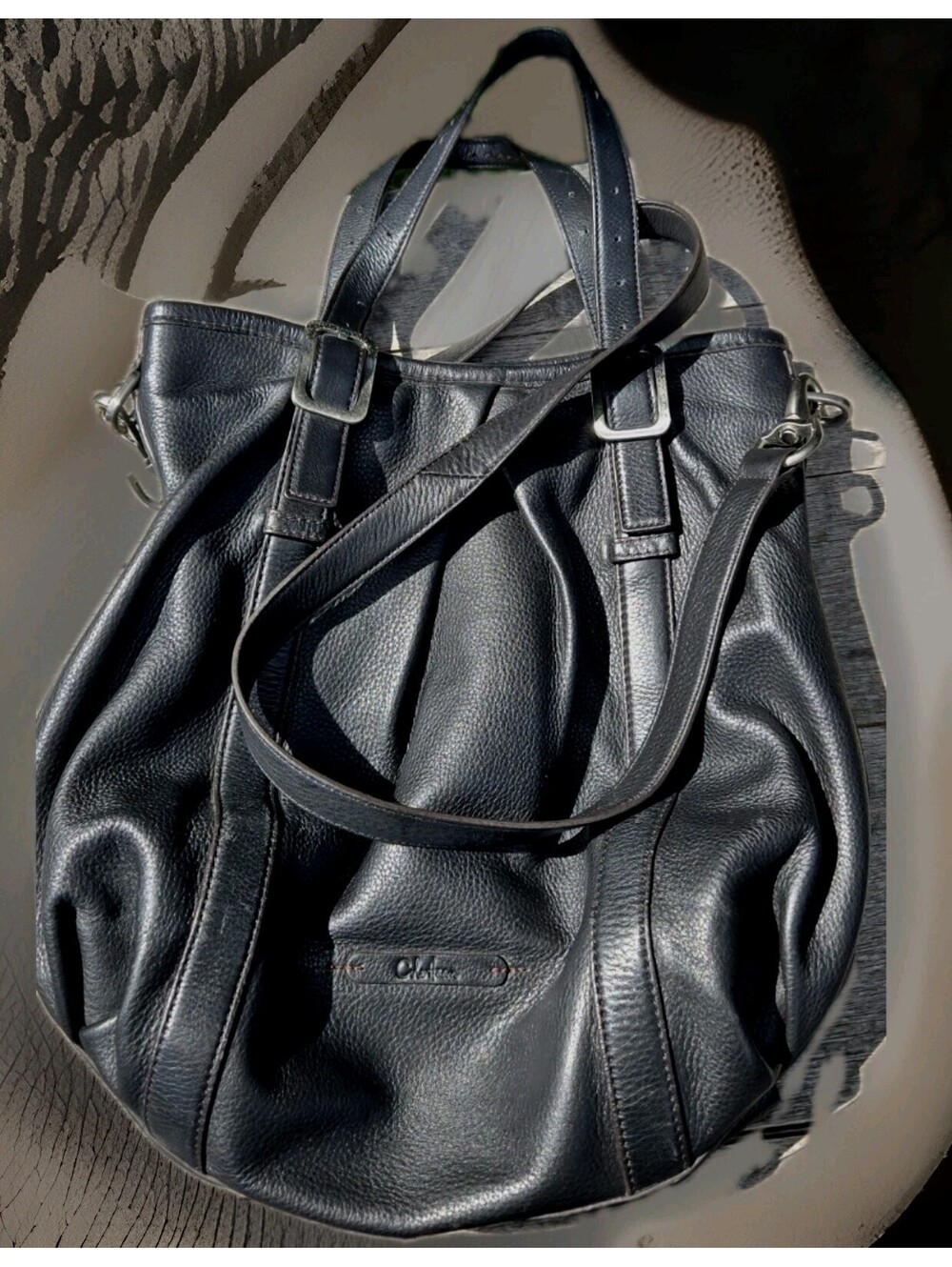 Black Pebbled Genuine Leather Cole Hahn 2 Handle Satchel Shoulder Bag Crossbody